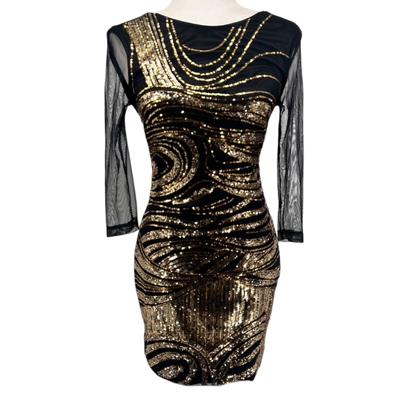 bebe Dresses & Skirts - Bebe Sequined Shift Mini Dress Black Gold Shimmer Sheer Long Sleeves Cocktail
